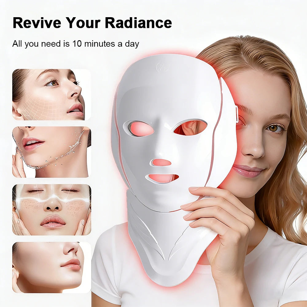 Wireless 7 Colors LED Face Neck Beauty Mask Removable Buckle Design Skin Firming Brightening Rejuvenation Anti Aging Skin Care